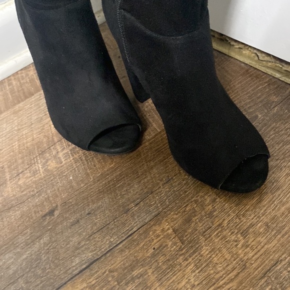 BLACK SUEDE OVER THE KNEE PEEP TOE BOOTS WITH CHUNKY HEEL SZ 7.5 - Picture 9 of 12